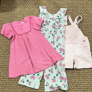 Zara Pink Dress, Floral Mint Romper, Light Pink Shortalls - Girls Set
